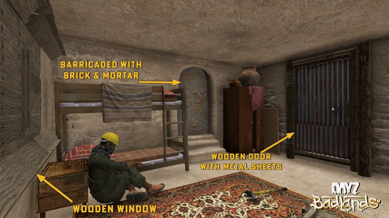 Barricaded Nasdara stash room with a brick sealed archway and sheet metal door