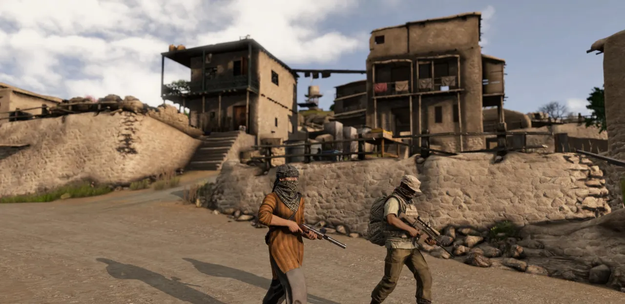 Survivors crossing a mud-brick Nasdara village street with rooftops and walls