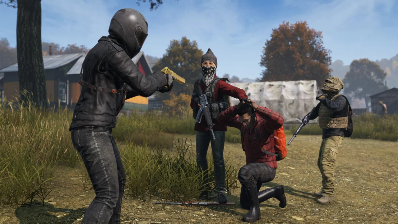 DayZ survivors in mixed clothing, face wraps and plate carriers during a tense standoff