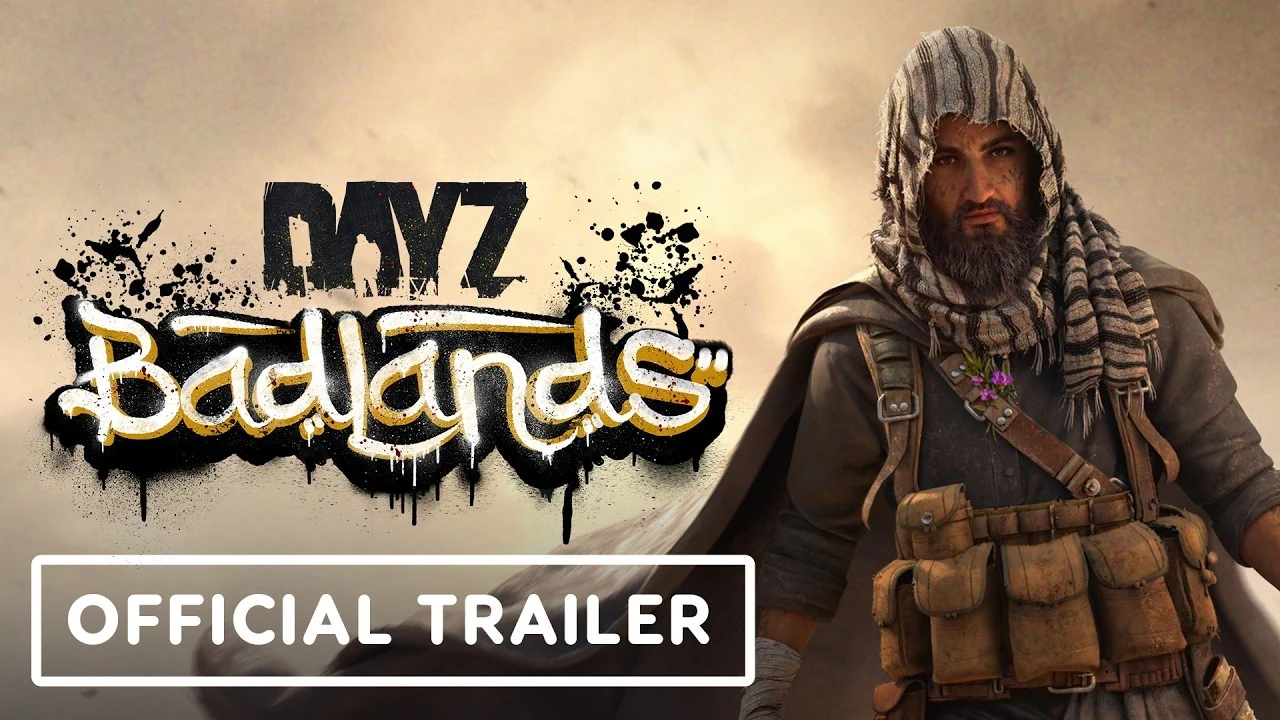 DayZ Badlands official trailer thumbnail with a cloaked survivor and painted logo