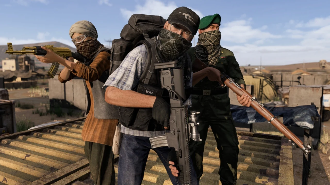Survivors wearing shemaghs, goggles and turbans on a sunlit rooftop in a desert town