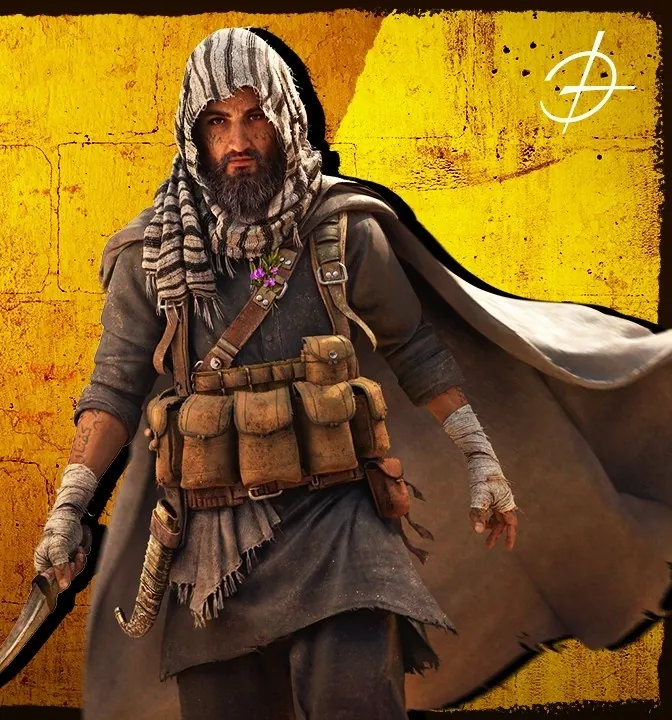 Cloaked Nasdara survivor holding a curved shamshir blade against a painted yellow wall