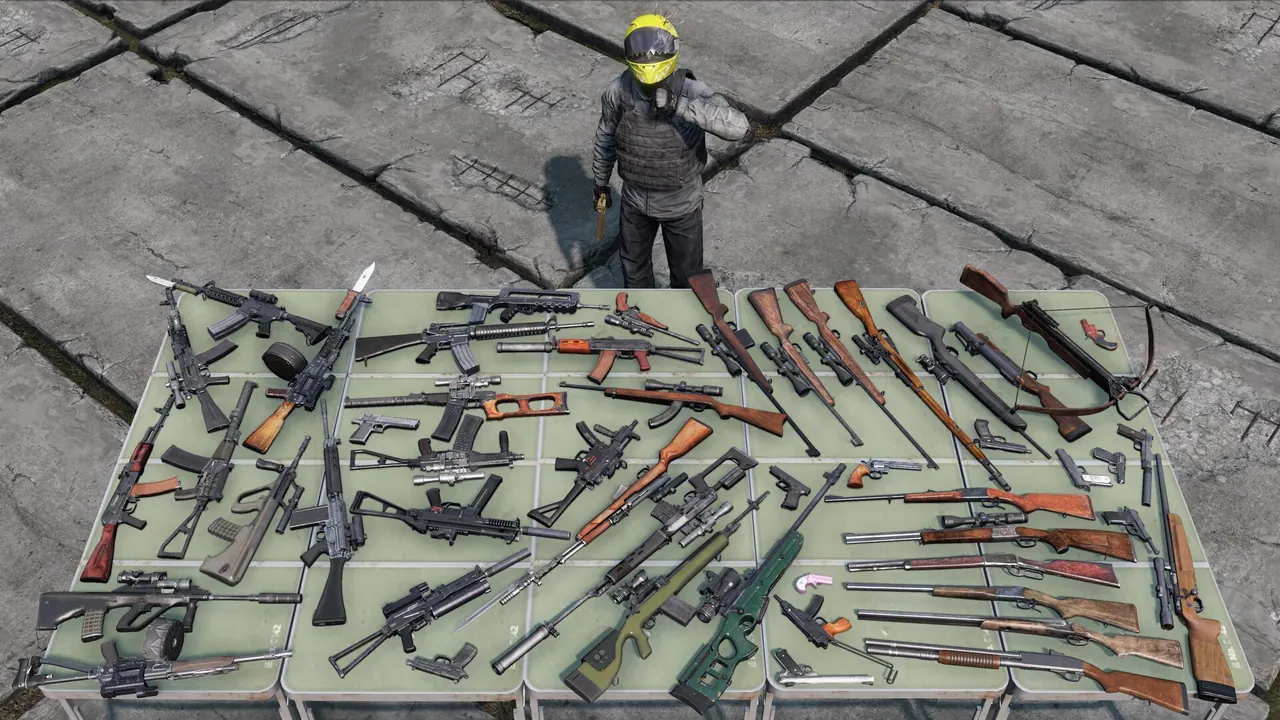 Overhead view of dozens of DayZ firearms spread across tables