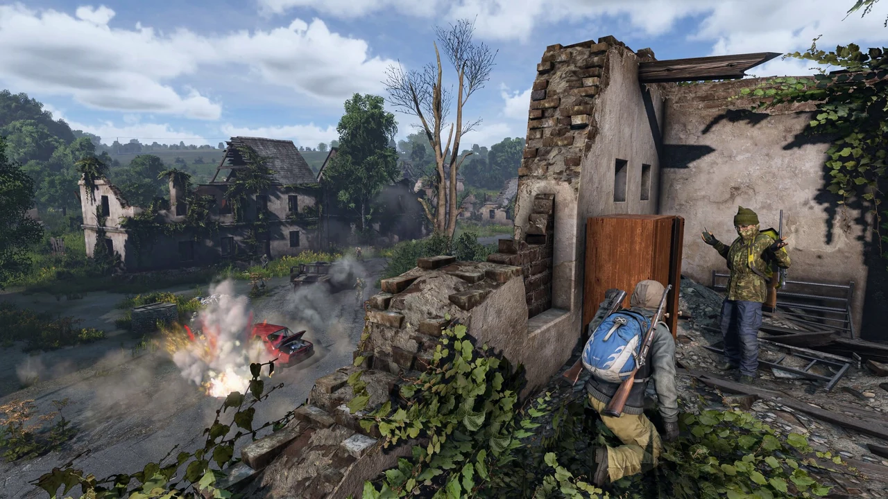 Soldiers trading fire from a ruined wall as a red car explodes in the street