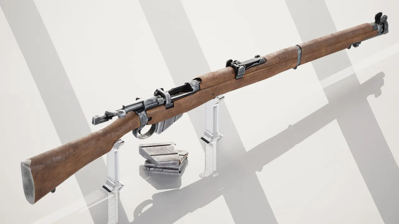 Lee-Enfield SMLE rifle with detachable magazine on a studio stand