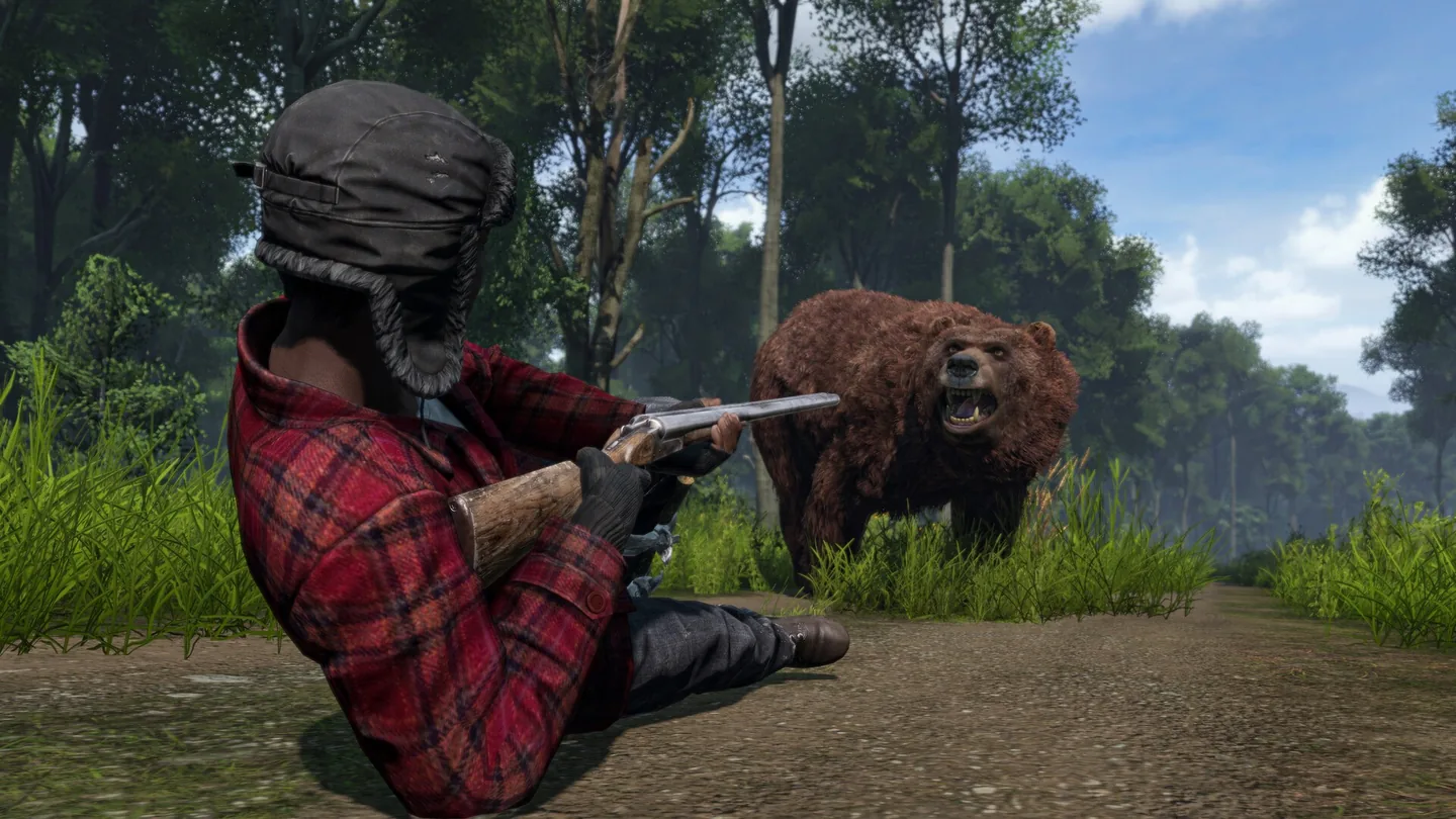 Survivor aiming a shotgun at a charging brown bear on a forest road